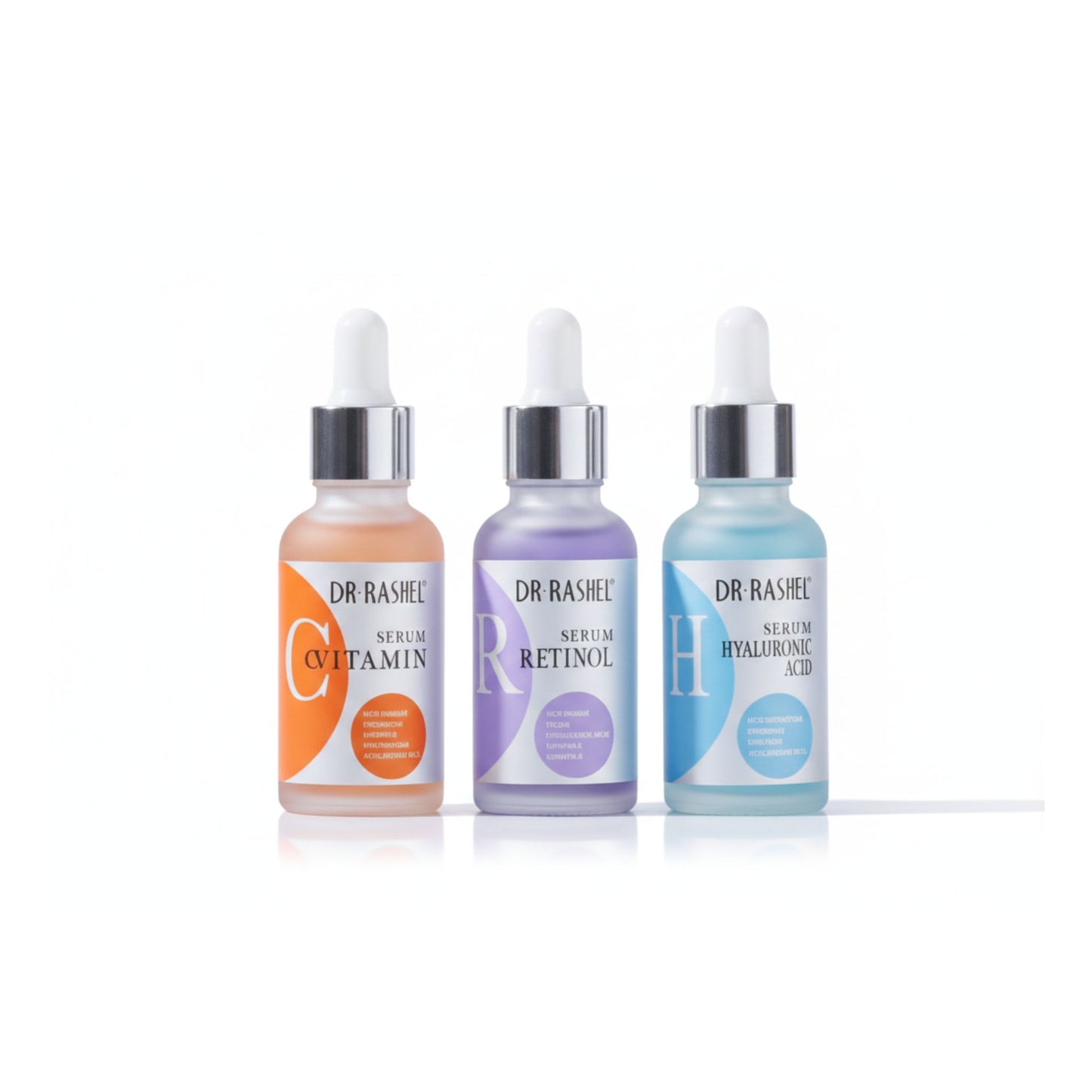 Pack of 3 Dr. Rashel Complete Facial Serums, with individual bottles labeled Vitamin C, Retinol, and Hyaluronic Acid, displayed in front of their packaging.