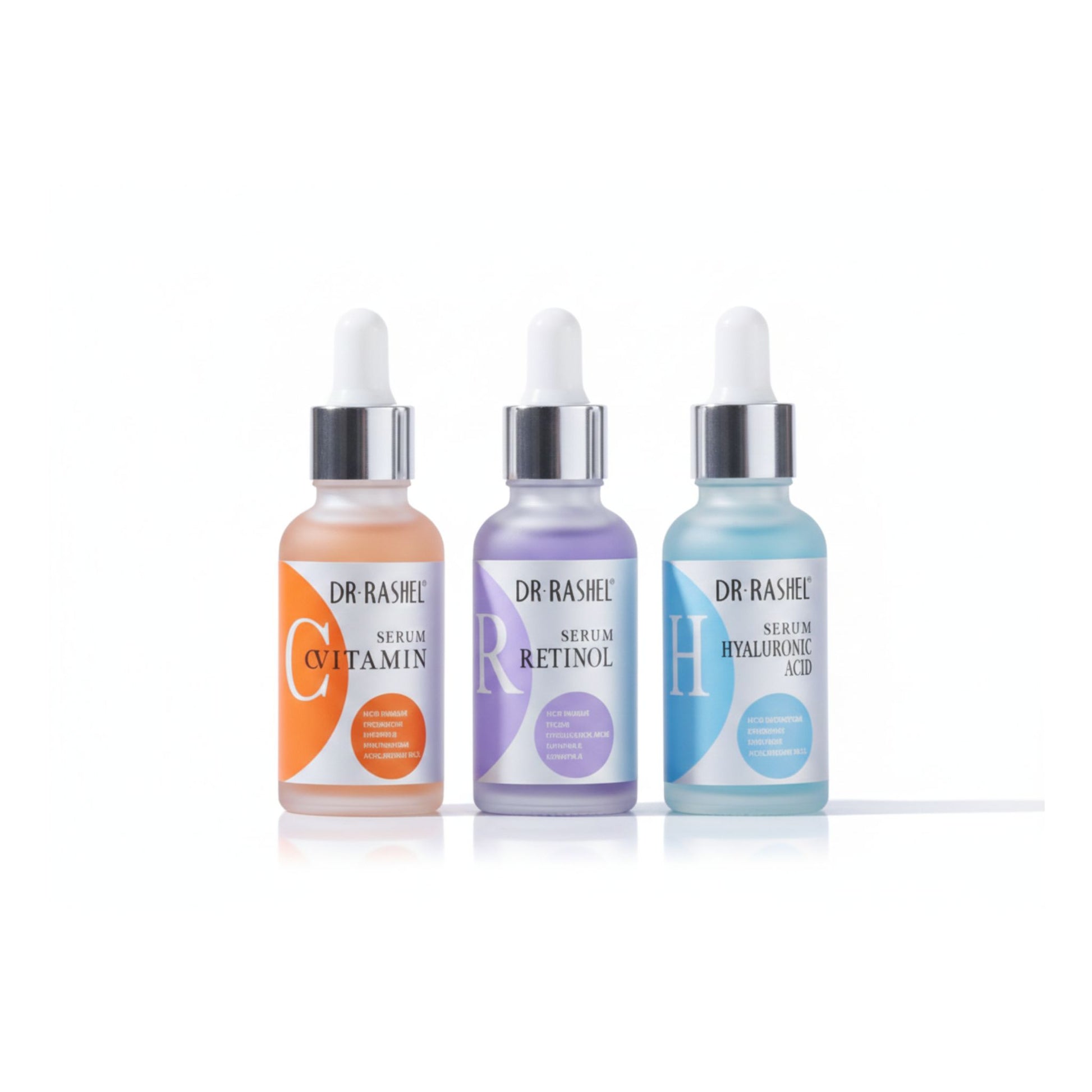 Pack of 3 Dr. Rashel Complete Facial Serums, with individual bottles labeled Vitamin C, Retinol, and Hyaluronic Acid, displayed in front of their packaging.