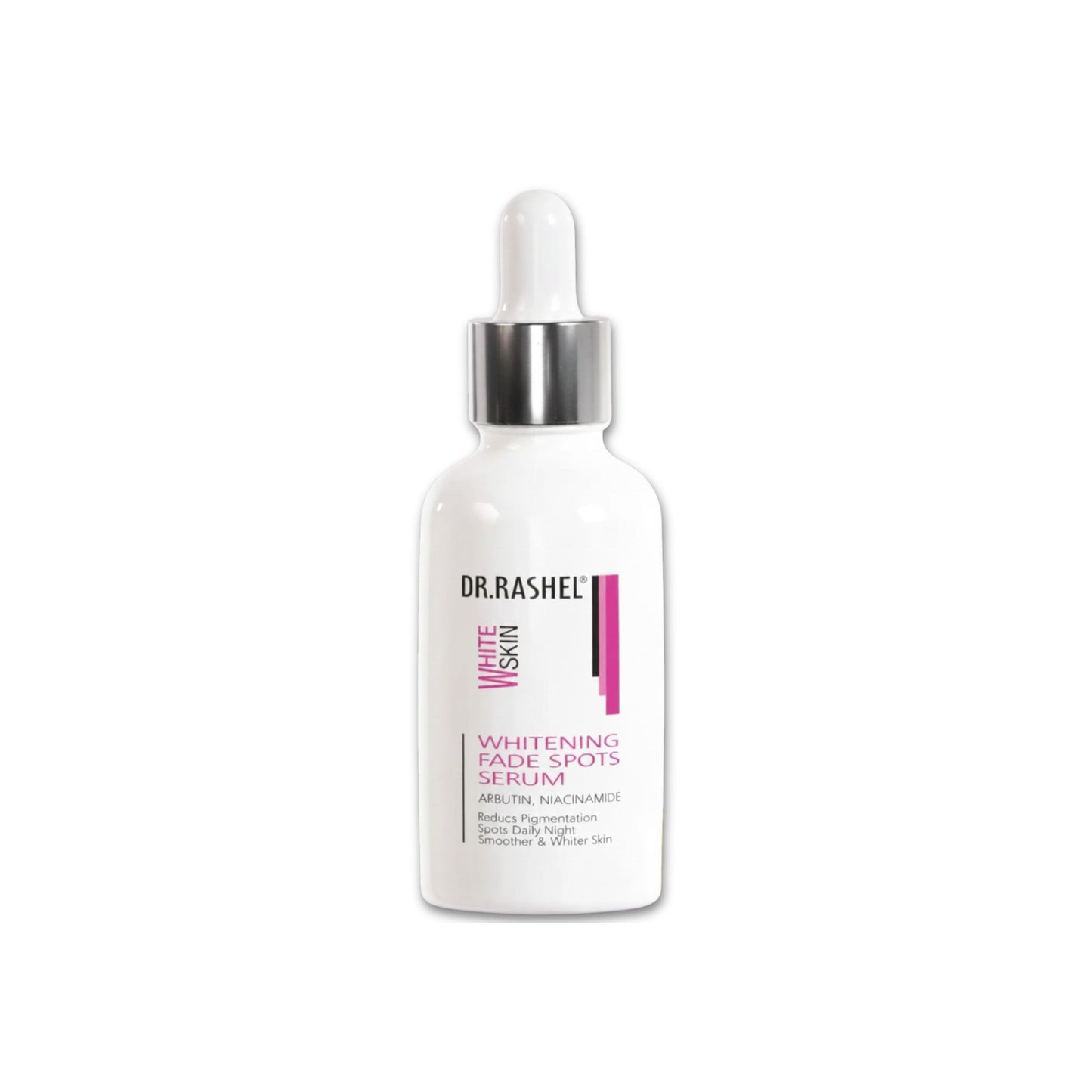 A bottle of Dr. Rashel White Skin Whitening Fade Spots Serum, with a dropper dispenser, against a white background with water droplets on the bottle and a shadow on the ground.